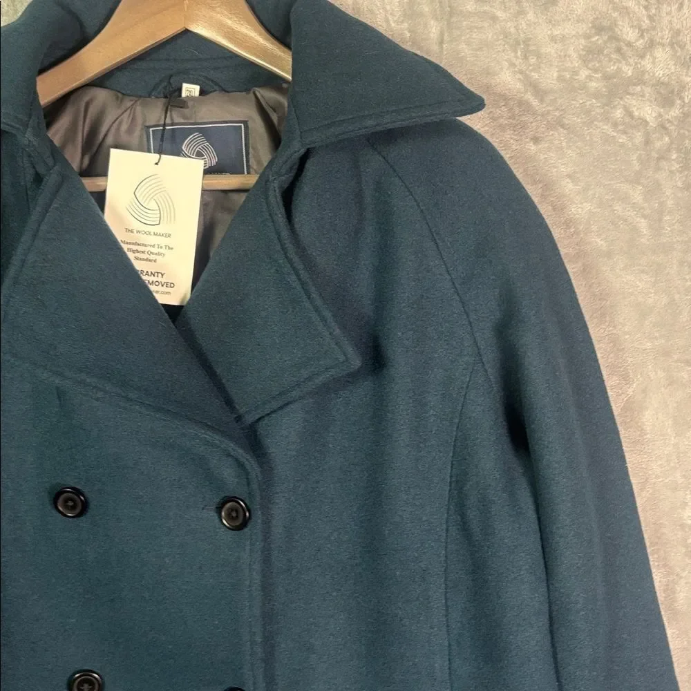 NWT New The Wool Maker Dark Teal Heavy Wool Blend Woman Jacket Pea Coat Size 2XL